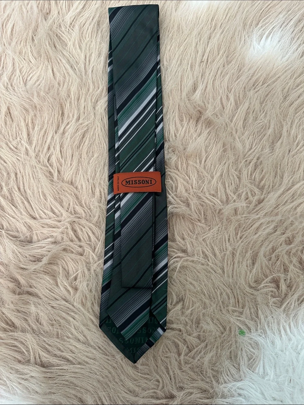 Missoni Green, Gray and Black Diagonal Stripe Silk Tie